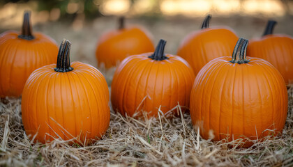 Pumpkins In The Field At Sunset - Thanksgiving And Fall Background