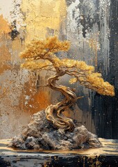 Detailed bonsai tree with golden foliage in front of abstract metallic artwork, created as a high-resolution oil painting showcasing rich detail and texture