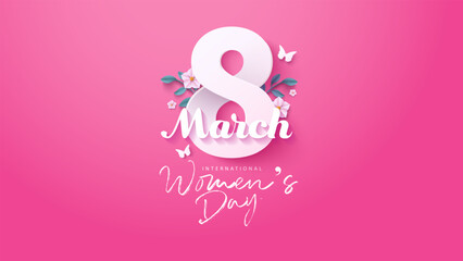 women's day 8 march greeting card on pink background