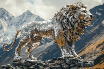 Stunning Lion Statue Featuring Natural Textures Against an Impressive Mountain Landscape
