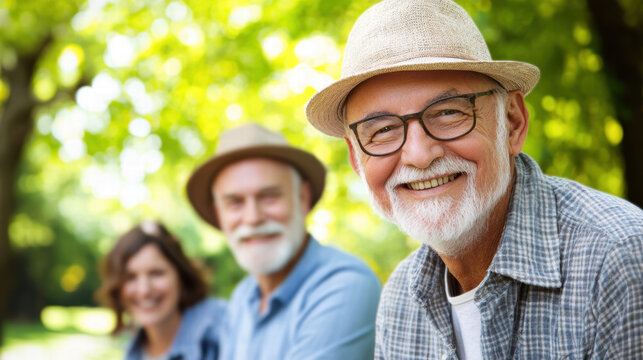 Elderly friends enjoying sunny day outdoors, smiling warmly