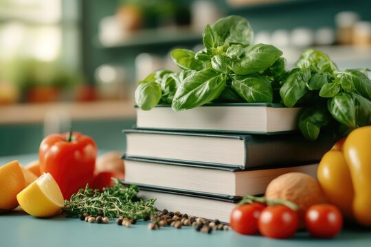 Cooking fresh basil and vegetables on stacked books in a cozy kitchen environment still life photography culinary inspiration