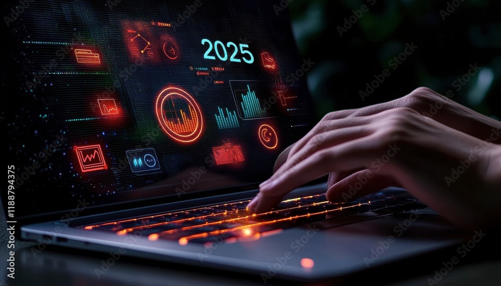 Poster a hand interacts with a laptop displaying futuristic graphics and data visualization, highlighting t