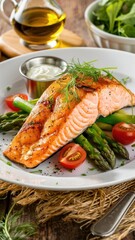 Grilled salmon fillet, vibrant asparagus spears, cherry tomatoes, arugula garnish, white ceramic plate, wooden table, olive oil drizzle, rustic setting, food photography, gourmet meal, healthy cuisine