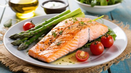 Grilled salmon fillet, vibrant asparagus spears, cherry tomatoes, arugula garnish, white ceramic plate, wooden table, olive oil drizzle, rustic setting, food photography, gourmet meal, healthy cuisine