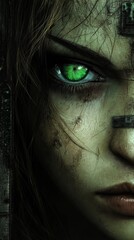Close-up portrait of a woman with striking green eyes, dark hair, and a weathered, fierce expression. Phone wallpaper.