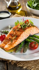 Grilled salmon fillet, vibrant asparagus spears, cherry tomatoes, arugula garnish, white ceramic plate, wooden table, olive oil drizzle, rustic setting, food photography, gourmet meal, healthy cuisine