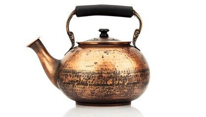 Antique copper kettle with black wooden handle, high-resolution photo on white background,