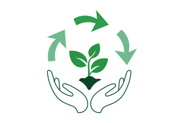Hands Holding Plant Leaf Ecology logo for Raising Environmental Acknowledgment, sustainability Icon, recycling arrows, ecology icon, green leaf, environmental care, support nature, love in nature