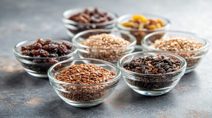 A healthy mix of flax seeds and raisins displayed in small glass bowls, ideal for nutritious snacking or breakfast.