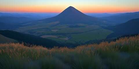 Naklejka premium Majestic Mountain Peak at Sunset Over Lush Valley Landscape