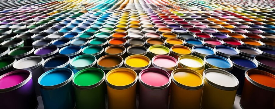 A vibrant collection of paint cans in various colors.