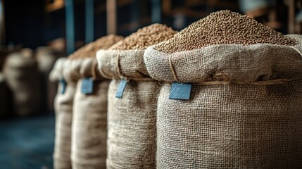 Obraz premium Burlap sacks filled with brown grains in a warehouse.