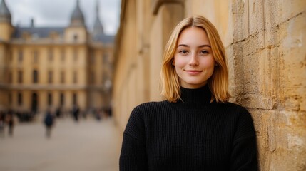 Fototapeta premium Empowering education inspiring female college student portrait in historic architecture outdoor campus environment