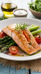 Grilled salmon fillet, vibrant green asparagus spears, cherry tomatoes, white ceramic plate, rustic wooden table, olive oil bottle, fresh herbs, healthy Mediterranean meal, food photography, soft natu