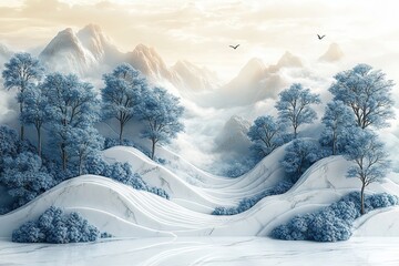 Winter Wonderland Mountain Landscape with Blue Trees