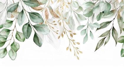 elegant watercolor eucalyptus leaves and gold accents botanical illustration for wedding invitations, stationery, or decor