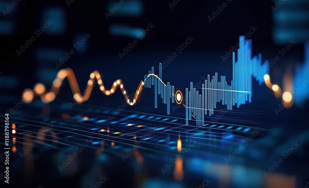 Poster a futuristic data visualization with vibrant graphs and wave patterns representing digital informati