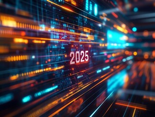 A Futuristic digital landscape with glowing lines and year 2025