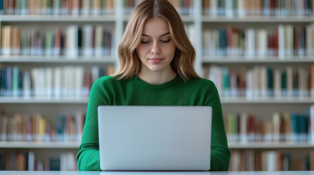 Young attractive university student using laptop for education in library environment focused learning session