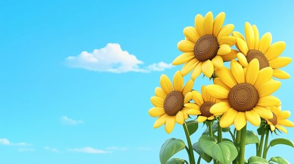 Obraz premium Vibrant sunflowers bloom under a clear blue sky, showcasing their bright yellow petals against a serene backdrop of fluffy clouds.
