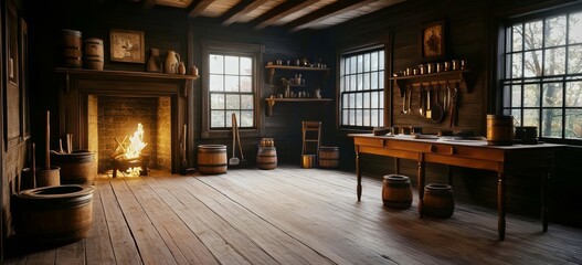 Exploring the interior of a historical wooden room filled with tools and containers.