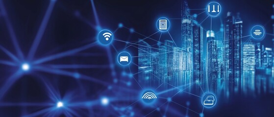 Fototapeta premium A Smart home hub with integrated IoT features, city skyline, connectivity