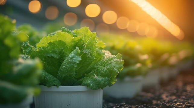 Lush green lettuce plants growing in modern hydroponic greenhouse.
