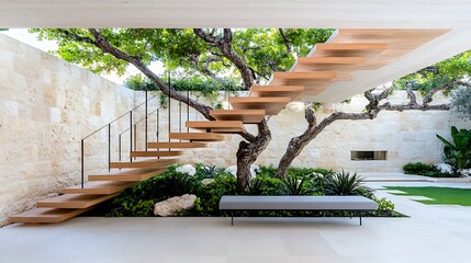 Modern Floating Staircase Design  Interior Garden  Tree  Stone Wall