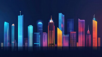 Obraz premium Colorful urban skyline at night showcasing modern architectural designs