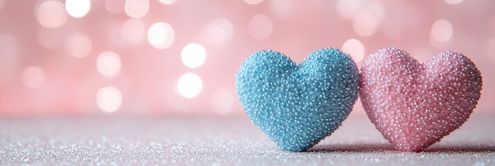 Obraz premium Close-Up of Two Sparkling Pastel Hearts Symbolizing Love and Romance On a Glittering Background