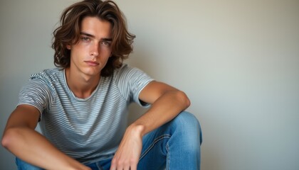 A young man with flowing, wavy hair sits pensively against a soft, neutral background, exuding a sense of calm and introspection. His casual striped shirt and relaxed posture convey a laid-back vibe