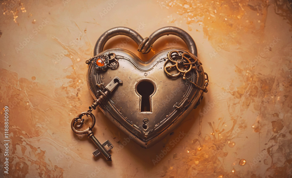 Aufkleber heart shaped lock with a key on top. the key is silver and has a hole in the middle