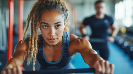 A fitness trainer helping a client perform strength exercises using resistance bands in a rehabilitation center, with focus on correct form and posture