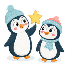 Fototapeta premium Penguins on Snow in a Winter Wonderland illustration playful cold animal adventure ice shelf natural landmark text white background family holding hands star