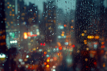 Obraz premium Raindrops collide with a windowpane, transforming a bustling cityscape into a mesmerizing blur of lights and color during a rainy evening