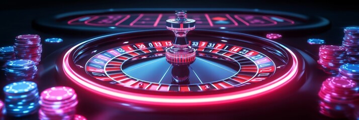 Neon-lit casino roulette table with spinning wheel and chips