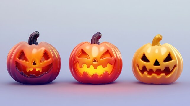 Three illuminated jack-o'-lanterns with varying expressions on a purple background.