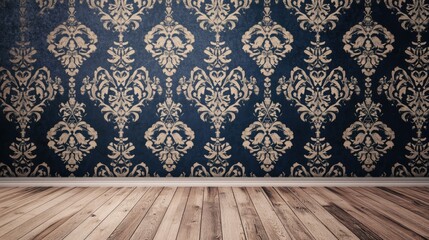 "Empty Room with Floral Wallpaper and Wooden Flooring"