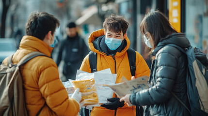 A group of volunteers handing out free face masks and vaccine awareness flyers in a public space, promoting health and safety in the community