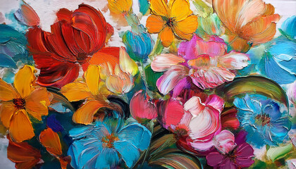 closeup of abstract rough colorful multicolored organic floral spring flowers art painting texture with oil acrylic brushstroke pallet knife paint on canvas wallpaper generative ai