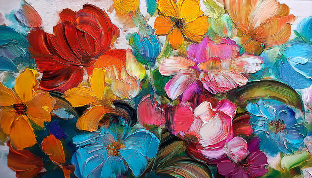 closeup of abstract rough colorful multicolored organic floral spring flowers art painting texture with oil acrylic brushstroke pallet knife paint on canvas wallpaper generative ai