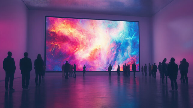 A large, high-resolution monitor mounted on a wall, featuring an intricate and colorful NFT digital painting, in a futuristic art gallery