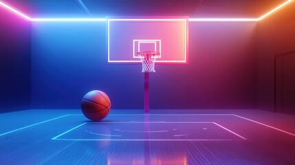 Basketball court with neon lights and ball.