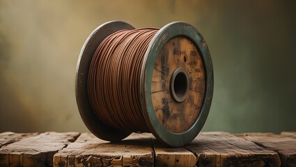Rustic Wire Roll of Steel Wire on Vintage Wooden Spool
