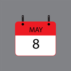Calendar icon with date 8 of may on grey background. Vector schedule symbol.
