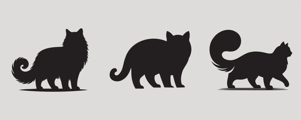 Silhouettes of three cats in different poses with curled tails, set against a plain gray background