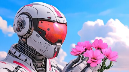 A robot's gentle touch, pink flowers bloom, a sky of blue. Futuristic tenderness.