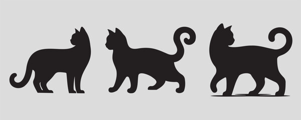 Three black cat silhouettes in various poses with curled tails, displayed on a neutral gray background
