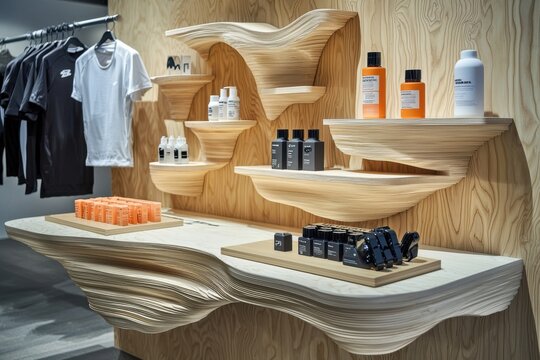 Innovative retail display featuring personal care products urban boutique visual merchandising contemporary design eye-level view modern aesthetics